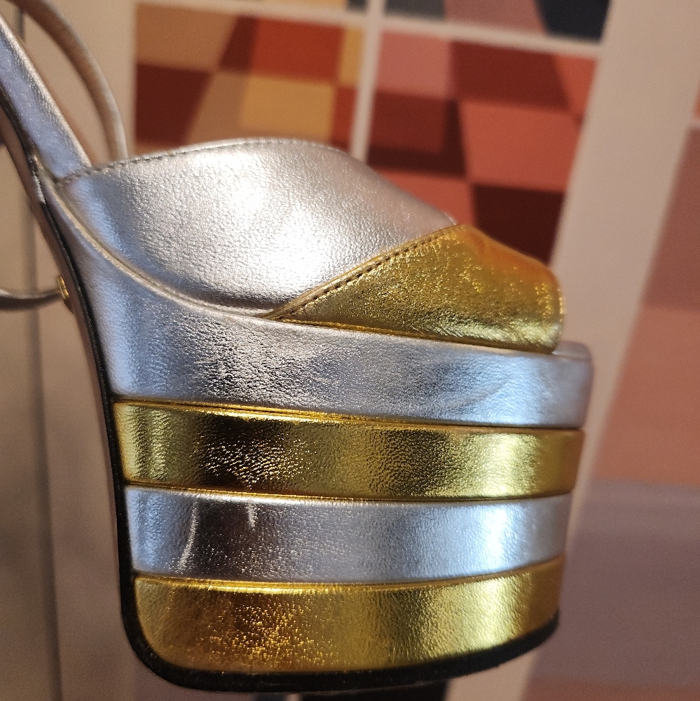 Gucci Women's Gold and Silver Platform Heels 37 fits 36.5! - Picture 10 of 16